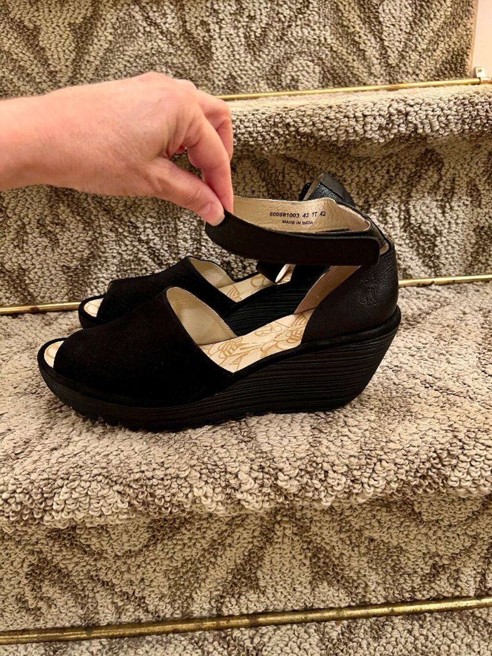 Fly London Yula Black Perforated Suede Wedge Sandals Shoes 42 or 10.5 - 11 - Picture 4 of 9
